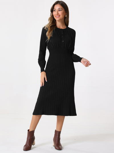 Crew Neck Pleated Lantern Sleeve Midi Ribbed Knit Sweater Dress