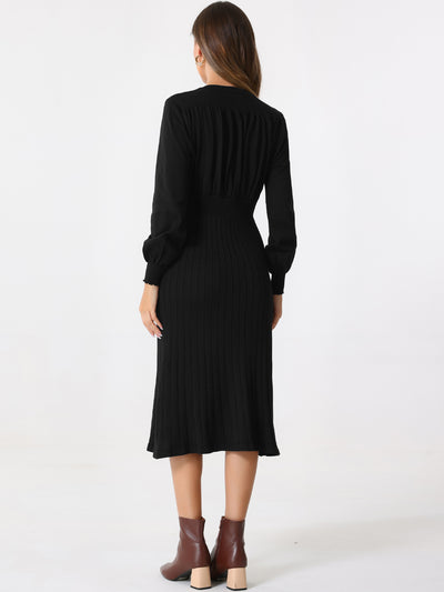 Crew Neck Pleated Lantern Sleeve Midi Ribbed Knit Sweater Dress