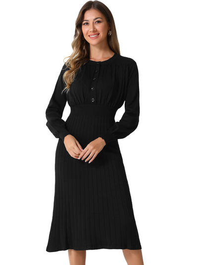 Crew Neck Pleated Lantern Sleeve Midi Ribbed Knit Sweater Dress