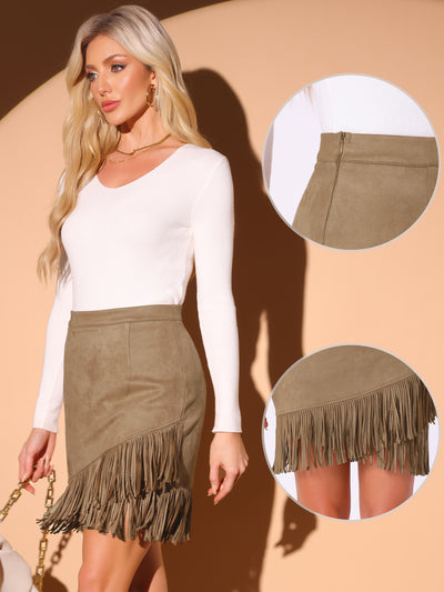 Faux Suede Stretch Fringe Trim High Waist Mini Skirt