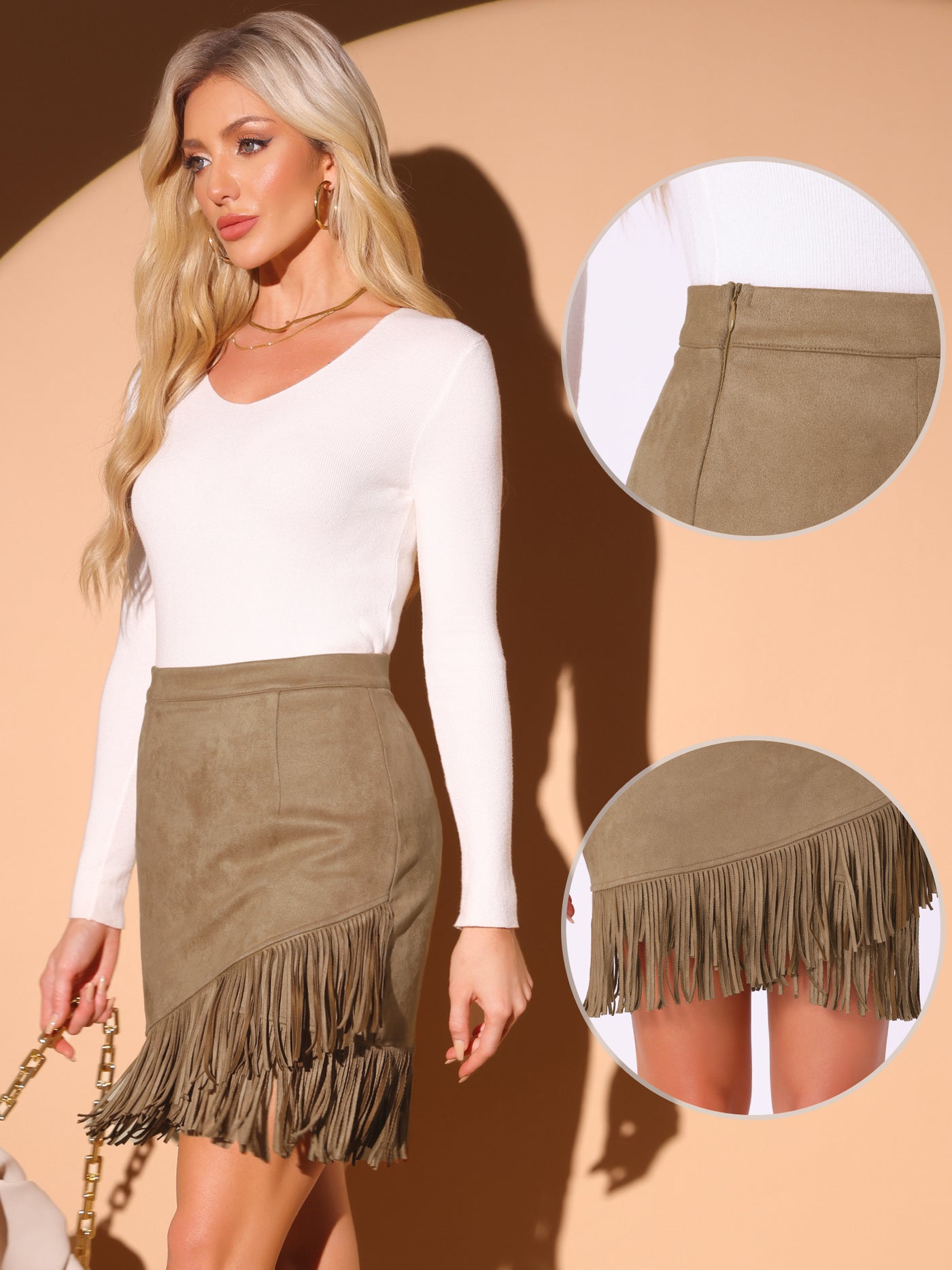 Allegra K Faux Suede Stretch Fringe Trim High Waist Mini Skirt