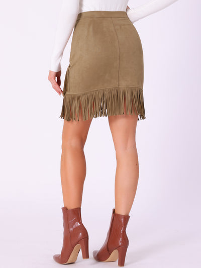 Faux Suede Stretch Fringe Trim High Waist Mini Skirt