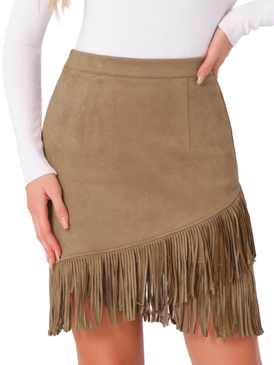 Faux Suede Stretch Fringe Trim High Waist Mini Skirt