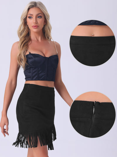 Faux Suede Stretch Fringe Trim High Waist Mini Skirt