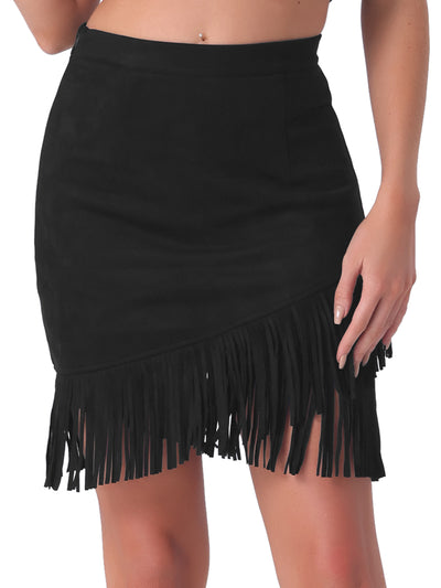 Faux Suede Stretch Fringe Trim High Waist Mini Skirt