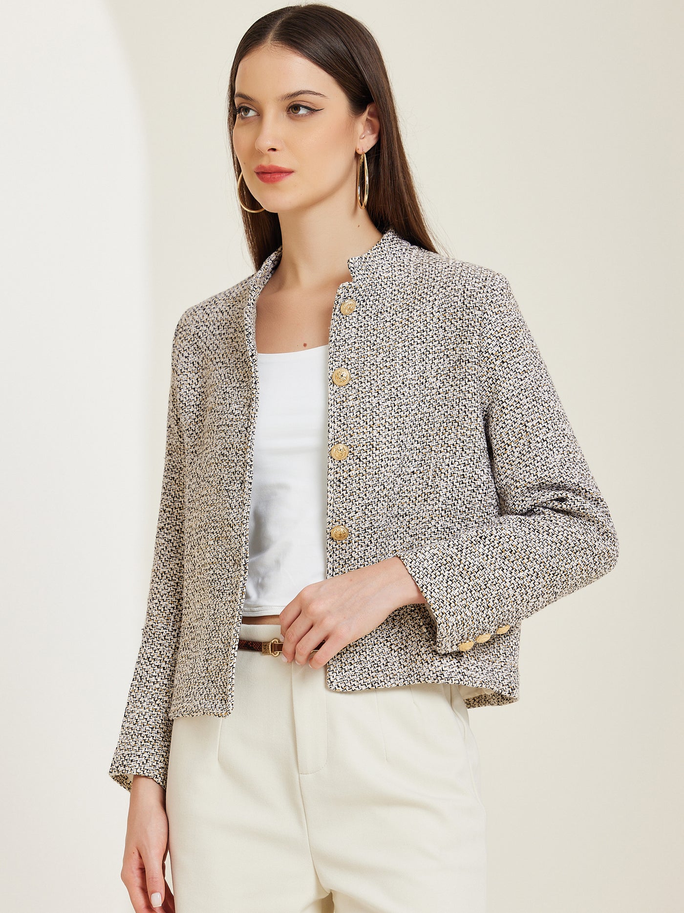 Allegra K Tweed Stand Collar Long Sleeve Buttoned Cropped Jacket