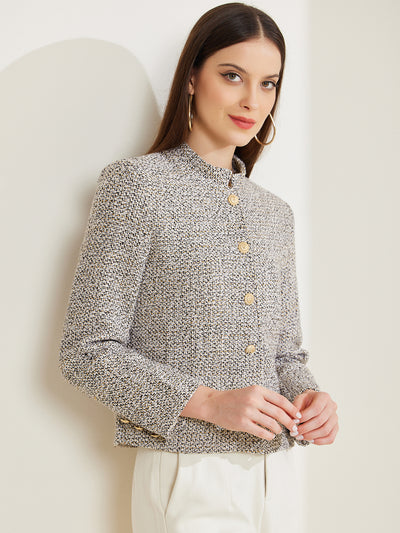 Tweed Stand Collar Long Sleeve Buttoned Cropped Jacket