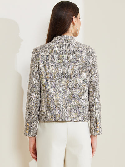 Tweed Stand Collar Long Sleeve Buttoned Cropped Jacket