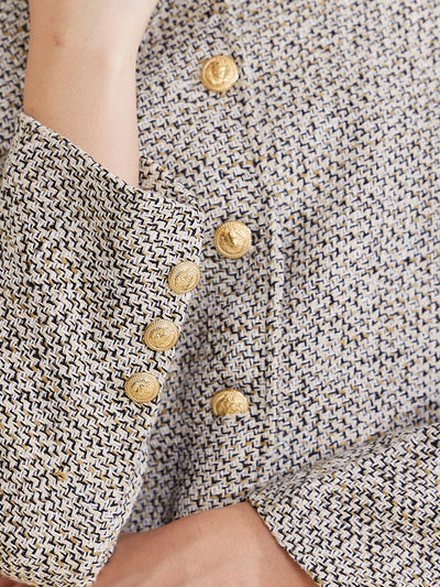 Tweed Stand Collar Long Sleeve Buttoned Cropped Jacket