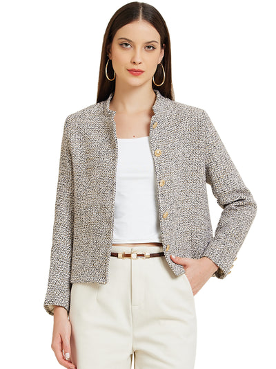 Tweed Stand Collar Long Sleeve Buttoned Cropped Jacket