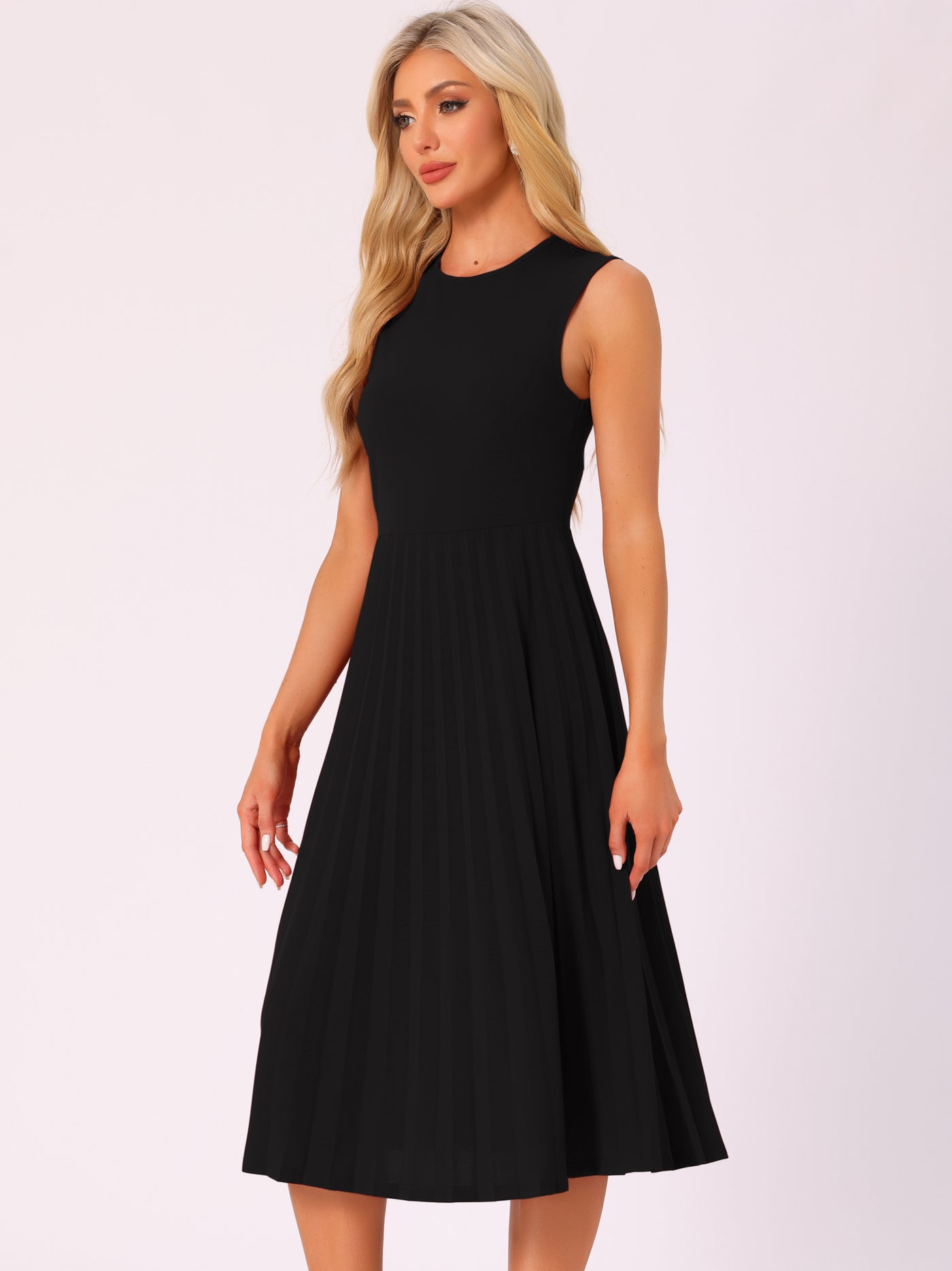 Allegra K Sleeveless Pleated Crew Neck A-Line Midi Dress