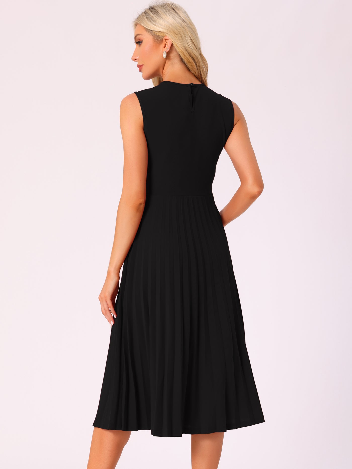 Allegra K Sleeveless Pleated Crew Neck A-Line Midi Dress