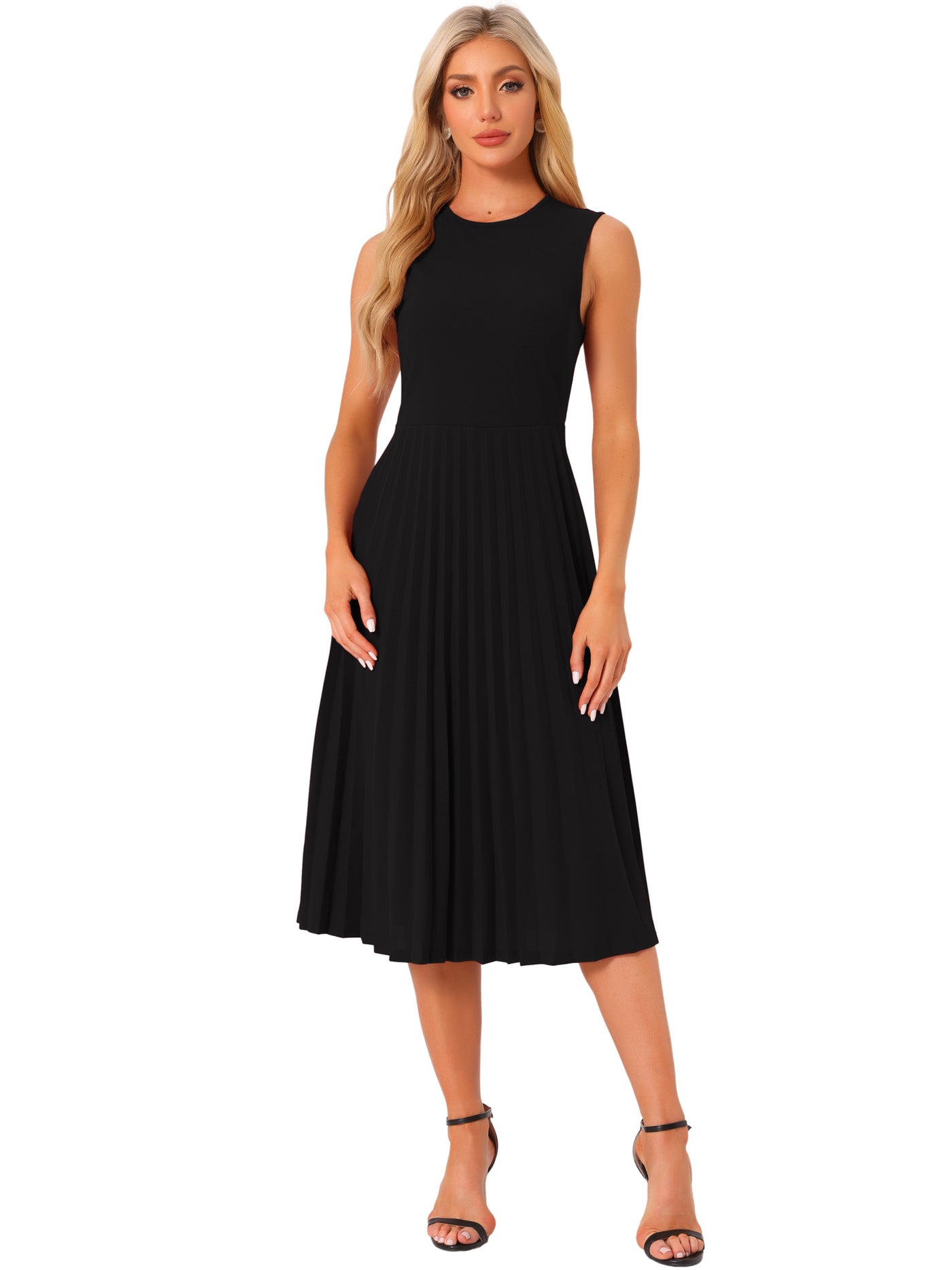 Allegra K Sleeveless Pleated Crew Neck A-Line Midi Dress