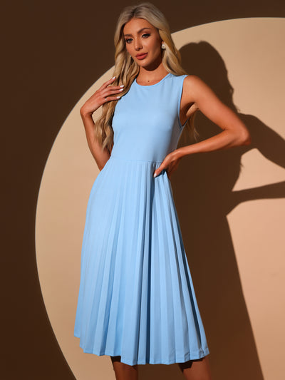 Sleeveless Pleated Crew Neck A-Line Midi Dress