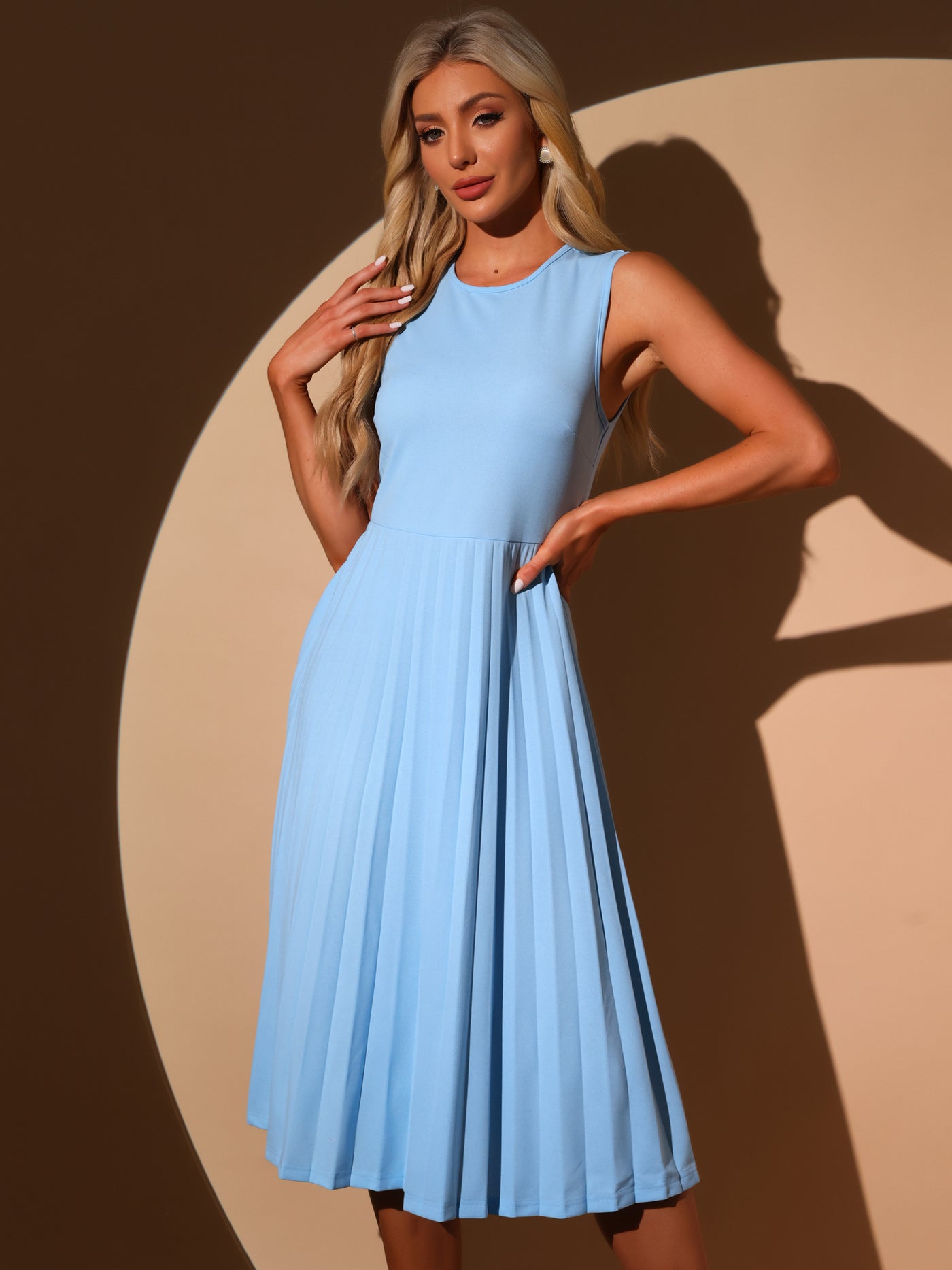 Allegra K Sleeveless Pleated Crew Neck A-Line Midi Dress