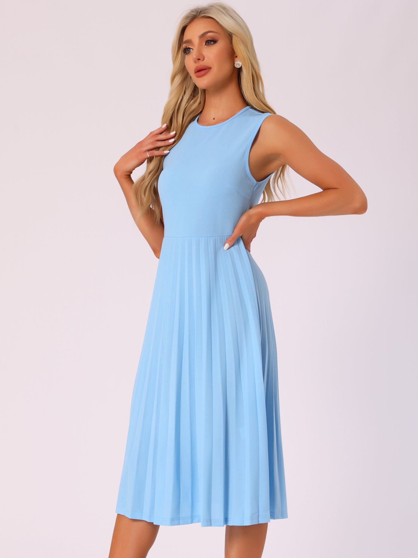 Allegra K Sleeveless Pleated Crew Neck A-Line Midi Dress