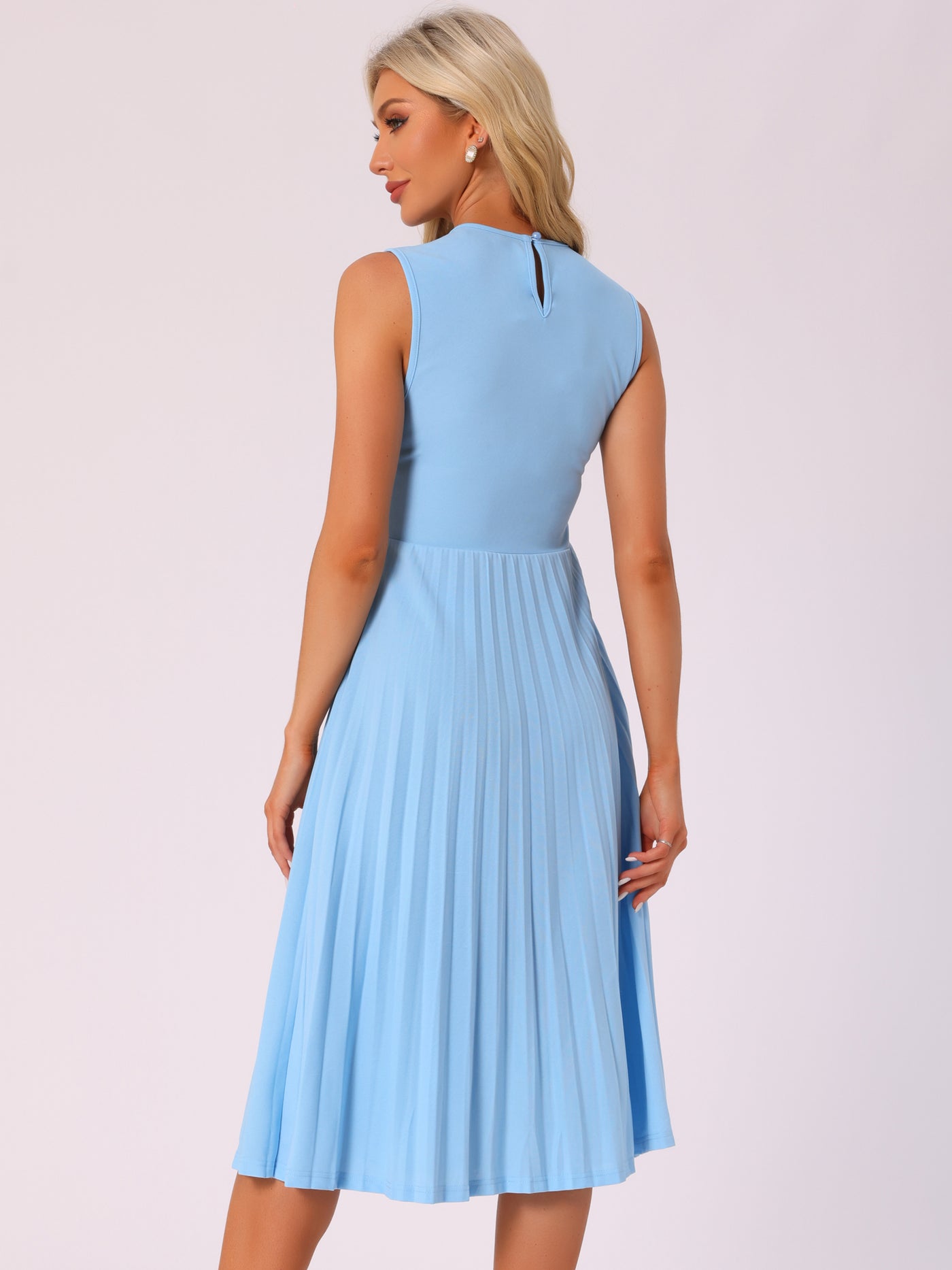 Allegra K Sleeveless Pleated Crew Neck A-Line Midi Dress