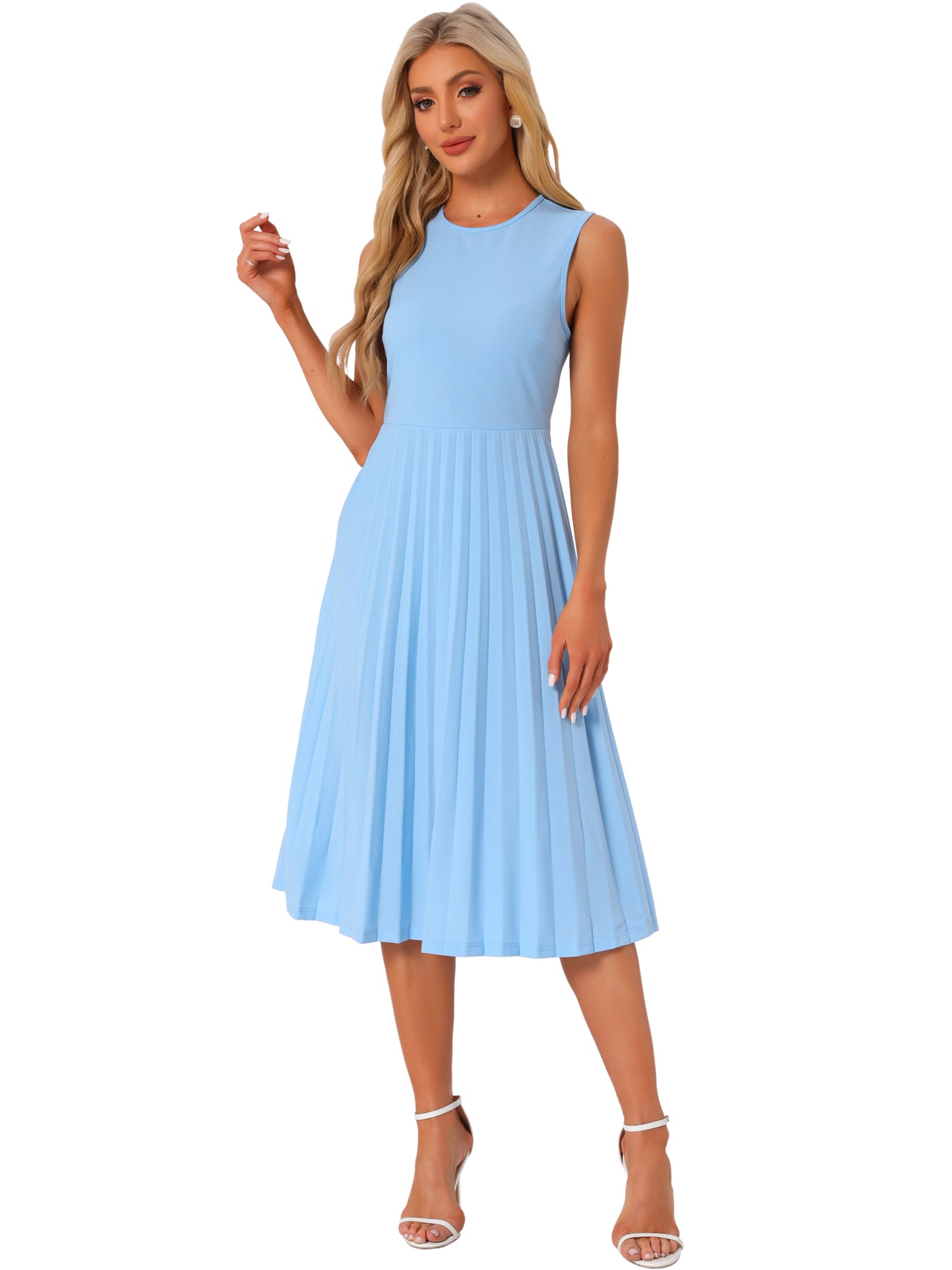 Allegra K Sleeveless Pleated Crew Neck A-Line Midi Dress