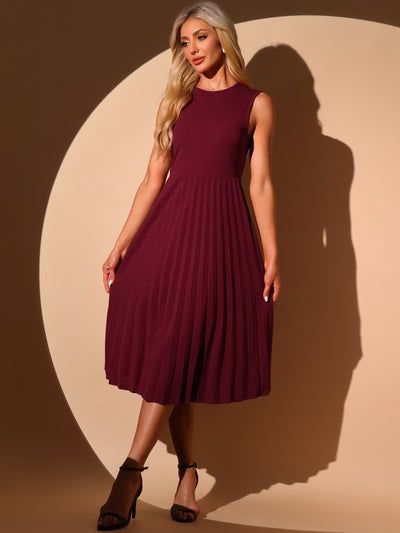 Sleeveless Pleated Crew Neck A-Line Midi Dress