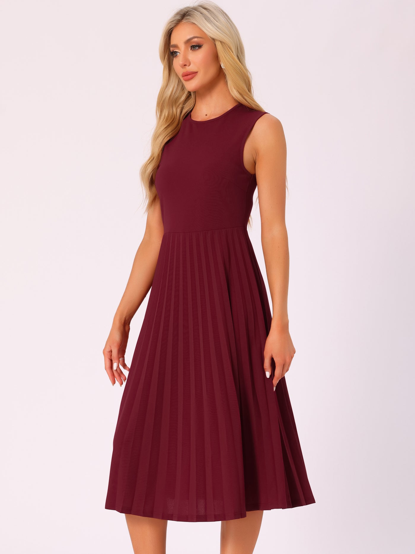 Allegra K Sleeveless Pleated Crew Neck A-Line Midi Dress