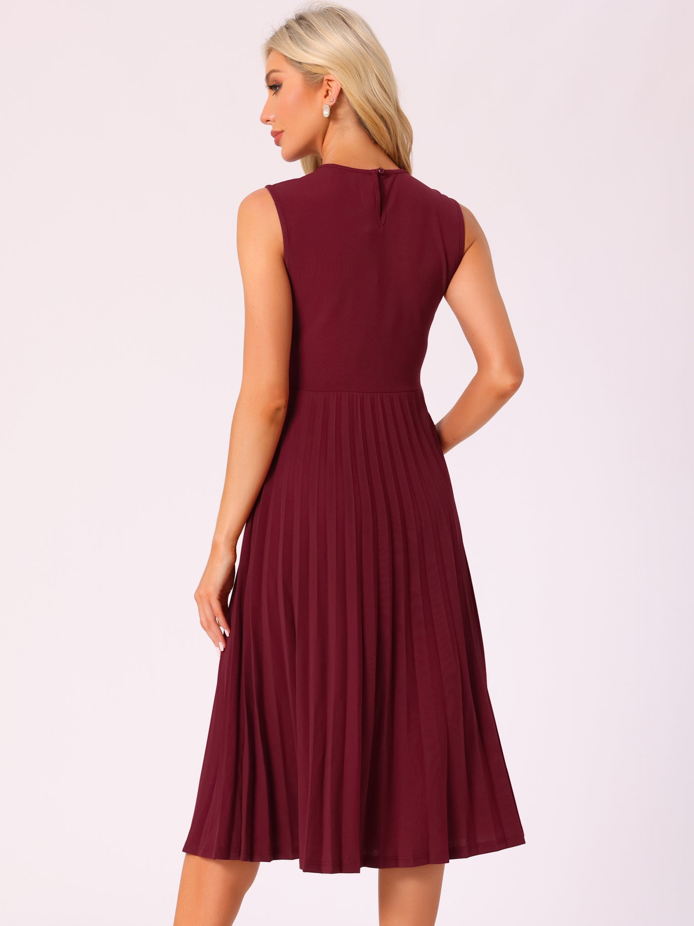 Allegra K Sleeveless Pleated Crew Neck A-Line Midi Dress