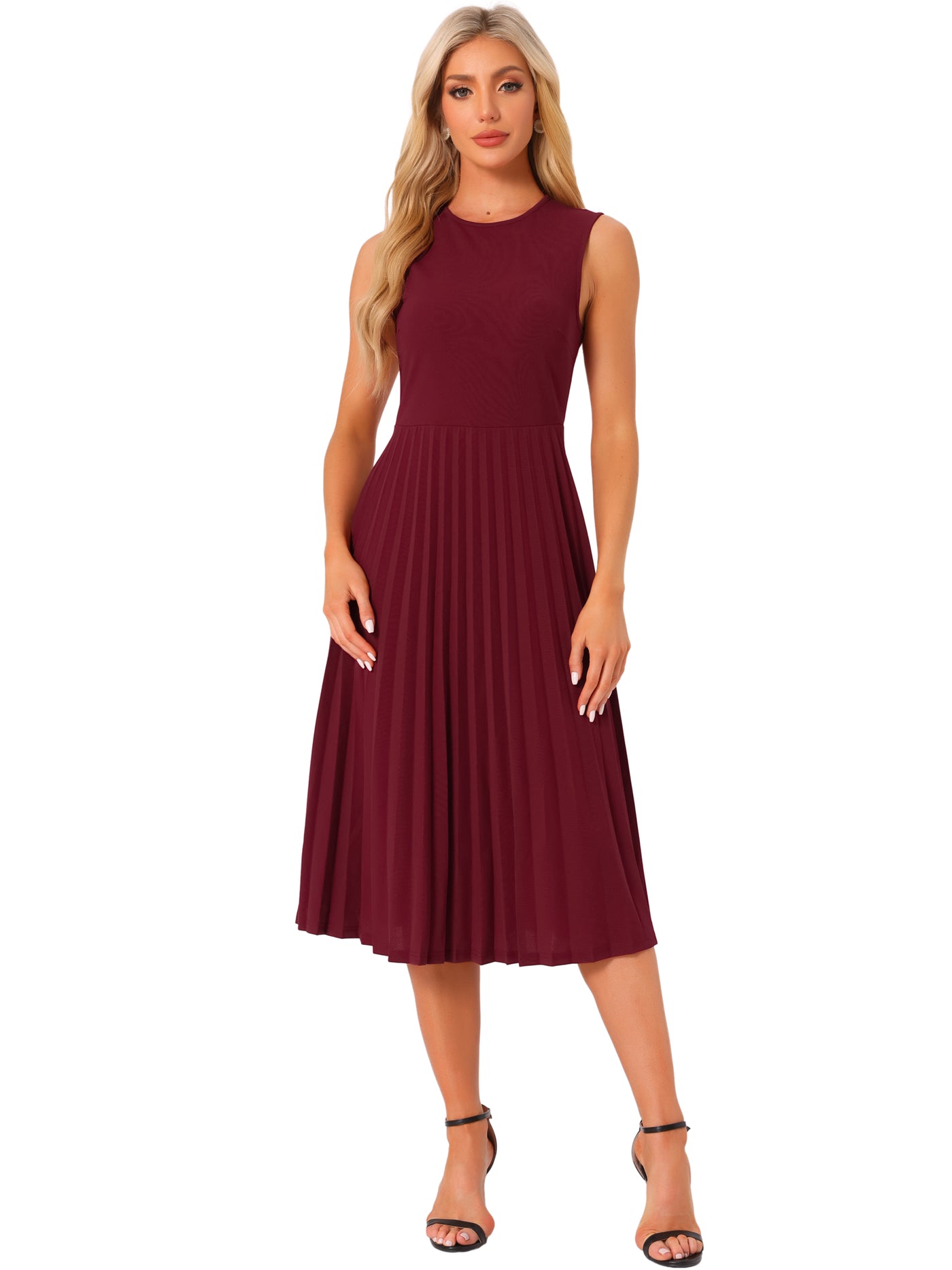 Allegra K Sleeveless Pleated Crew Neck A-Line Midi Dress