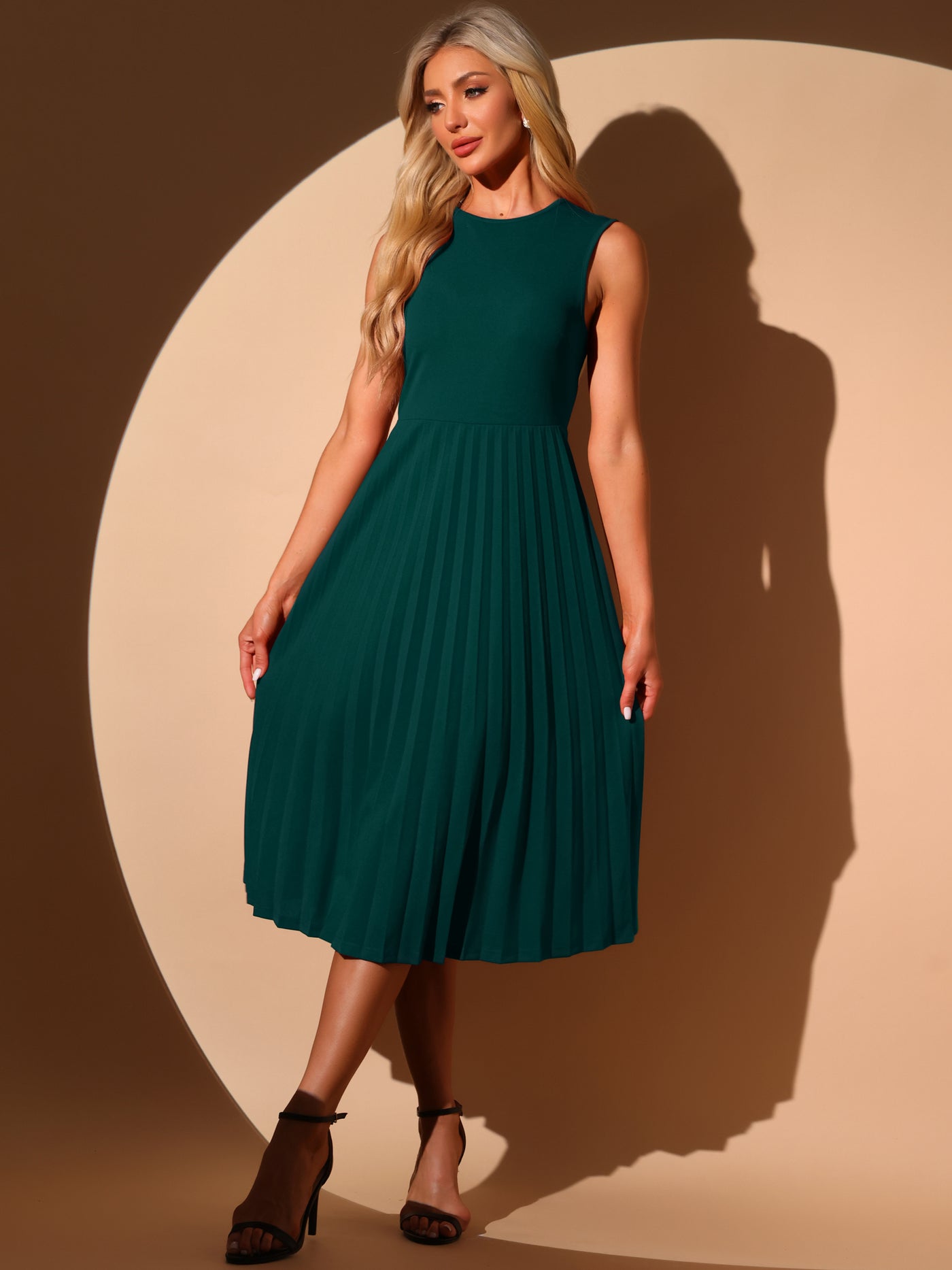 Allegra K Sleeveless Pleated Crew Neck A-Line Midi Dress