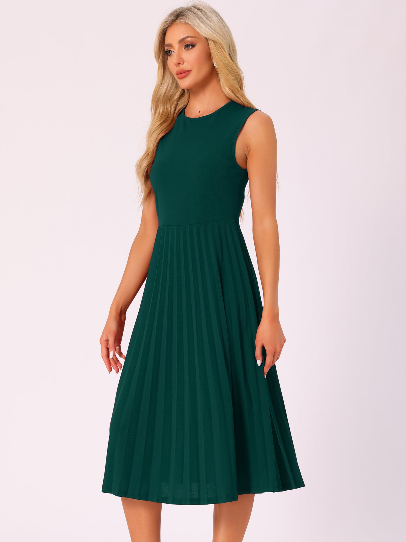 Allegra K Sleeveless Pleated Crew Neck A-Line Midi Dress