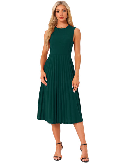 Sleeveless Pleated Crew Neck A-Line Midi Dress