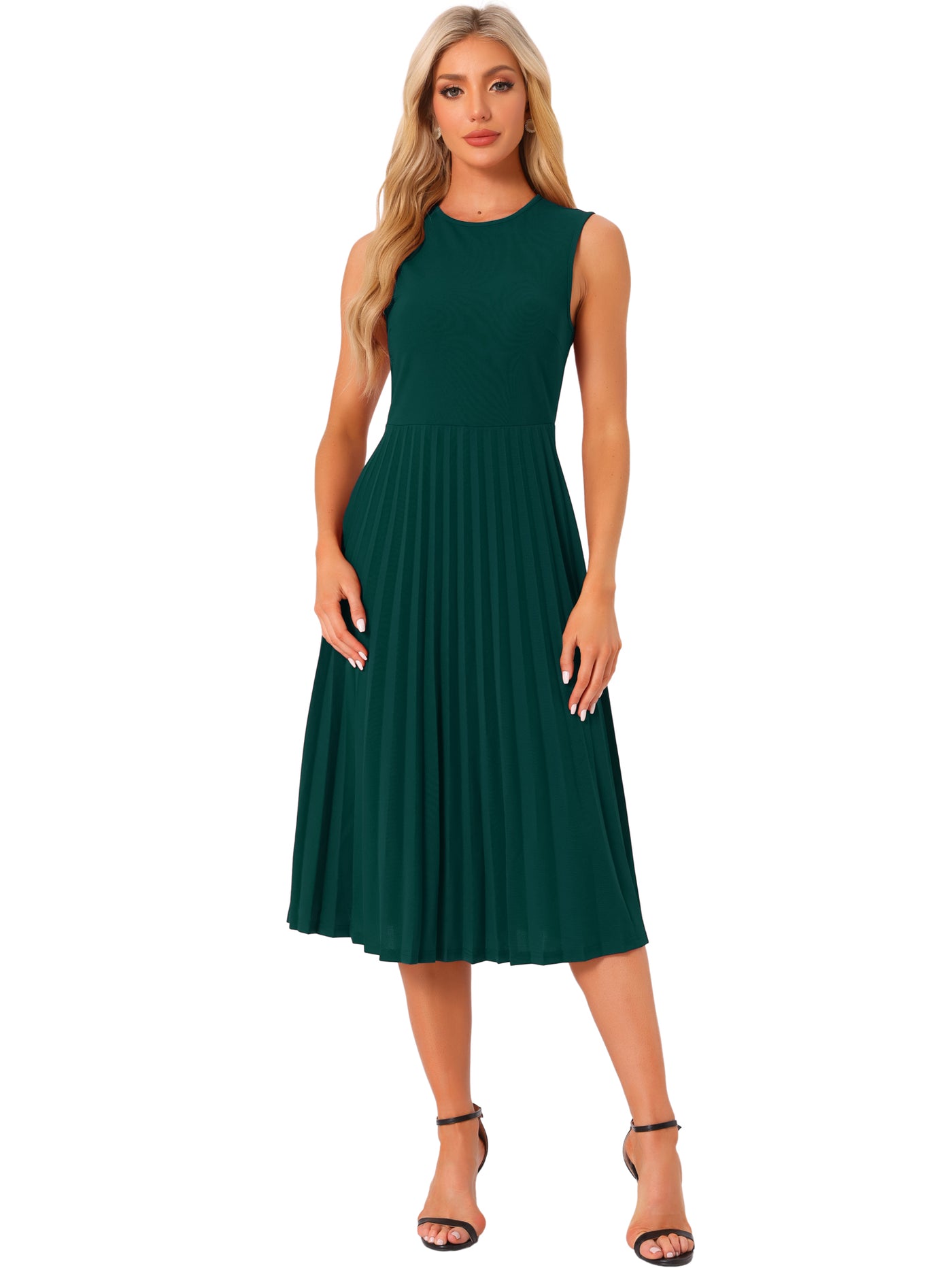 Allegra K Sleeveless Pleated Crew Neck A-Line Midi Dress