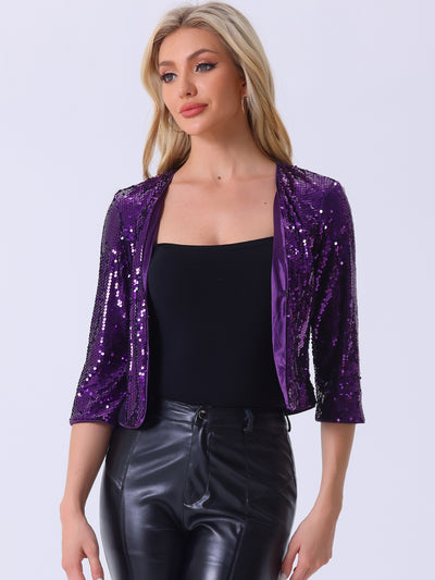 Sequin Shrug 3/4 Sleeve Open Front Glitter Sparkly Short Jacket