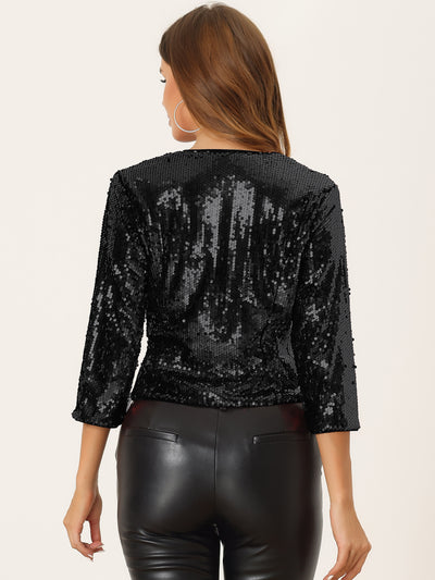 Sequin Shrug 3/4 Sleeve Open Front Glitter Sparkly Short Jacket