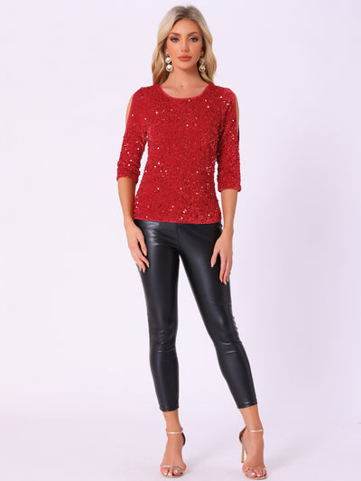 Sparkle Sequin Velvet 3/4 Sleeve Cut-Out Blouse