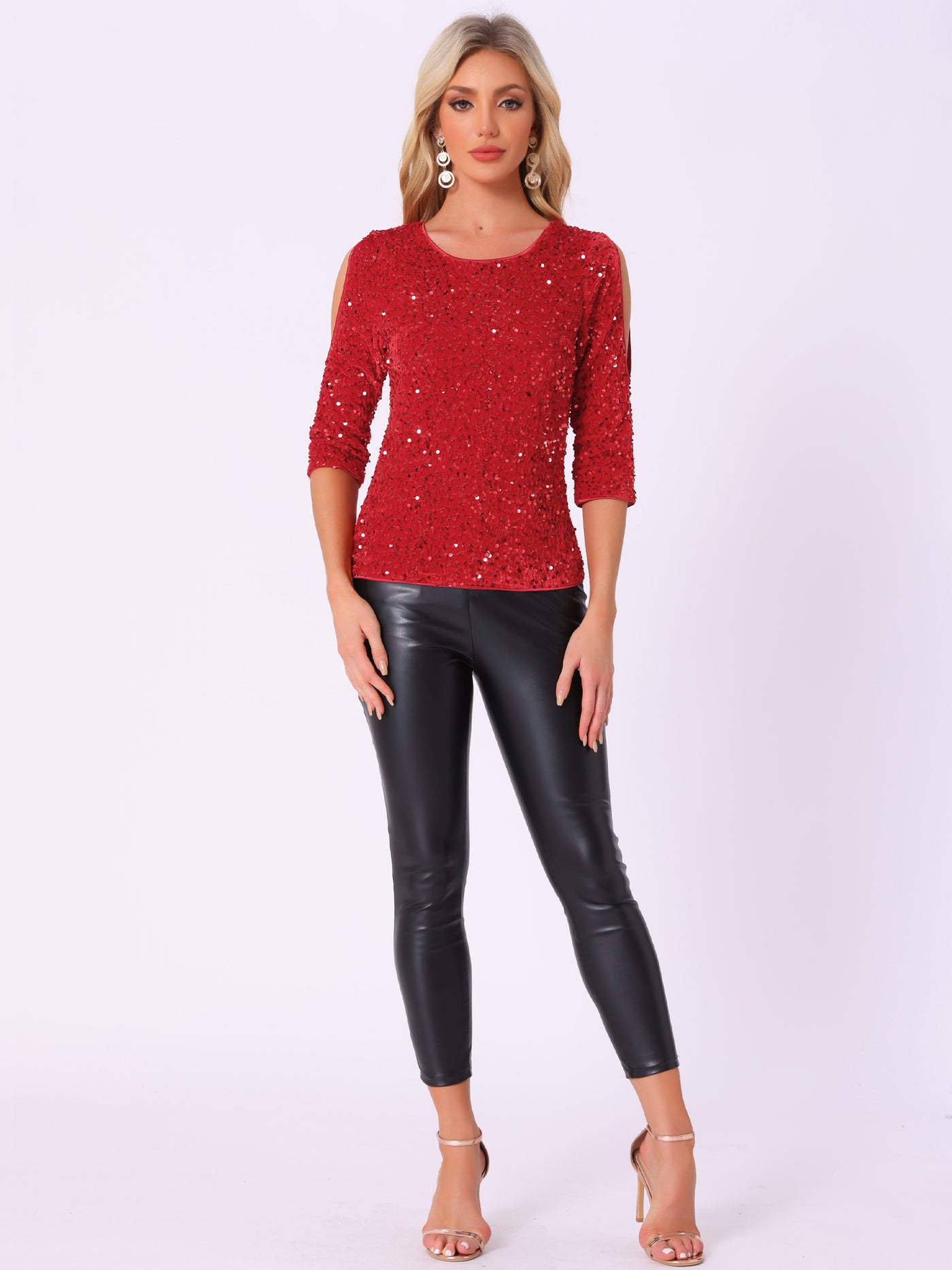 Allegra K Sparkle Sequin Velvet 3/4 Sleeve Cut-Out Blouse