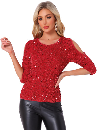 Sparkle Sequin Velvet 3/4 Sleeve Cut-Out Blouse