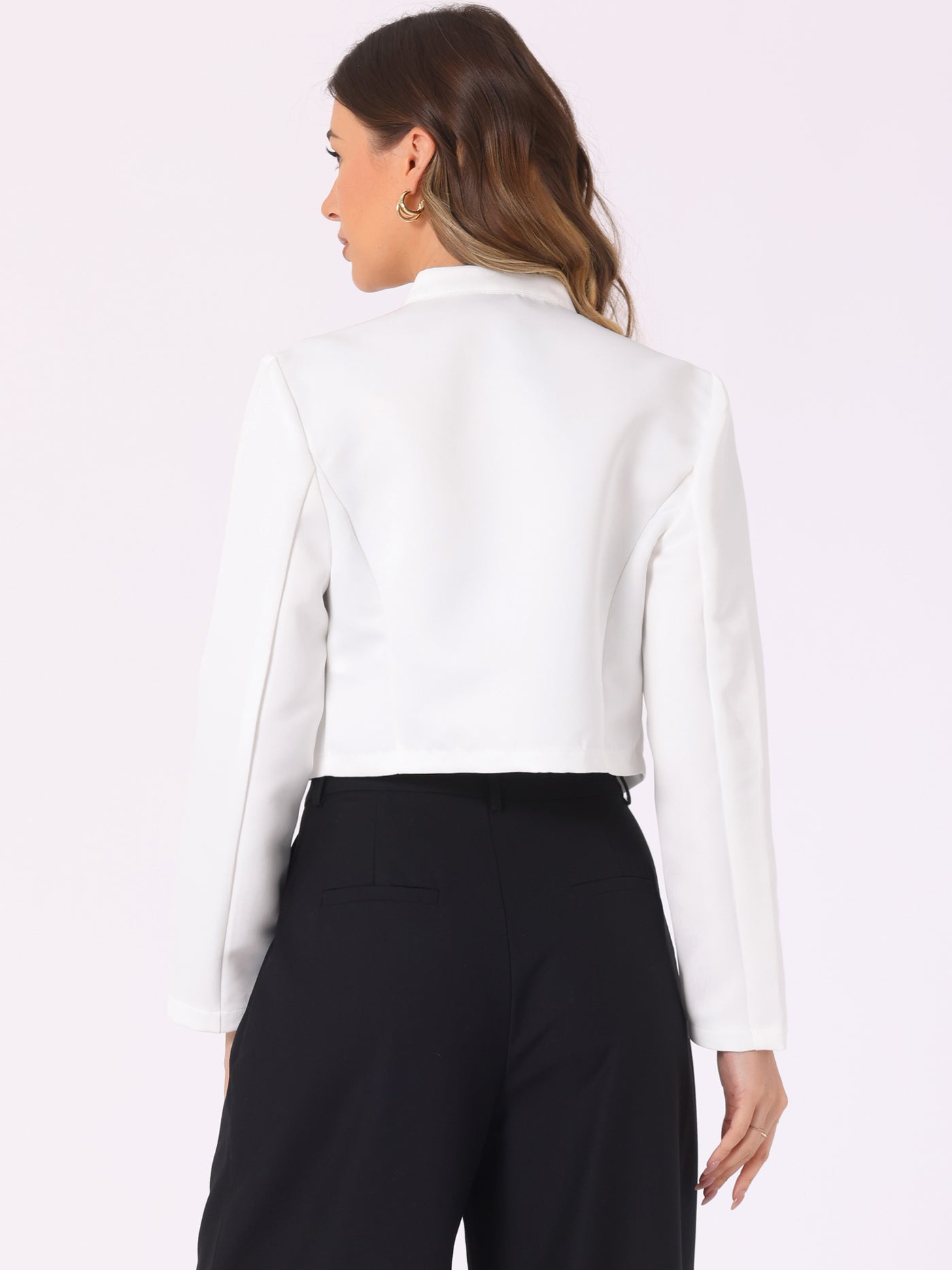 Allegra K Long Sleeves Open Front Stand Collar Cropped Jacket