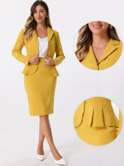 Long Sleeve Notched Lapel Peplum Blazer Pencil Skirt 2 Piece Set