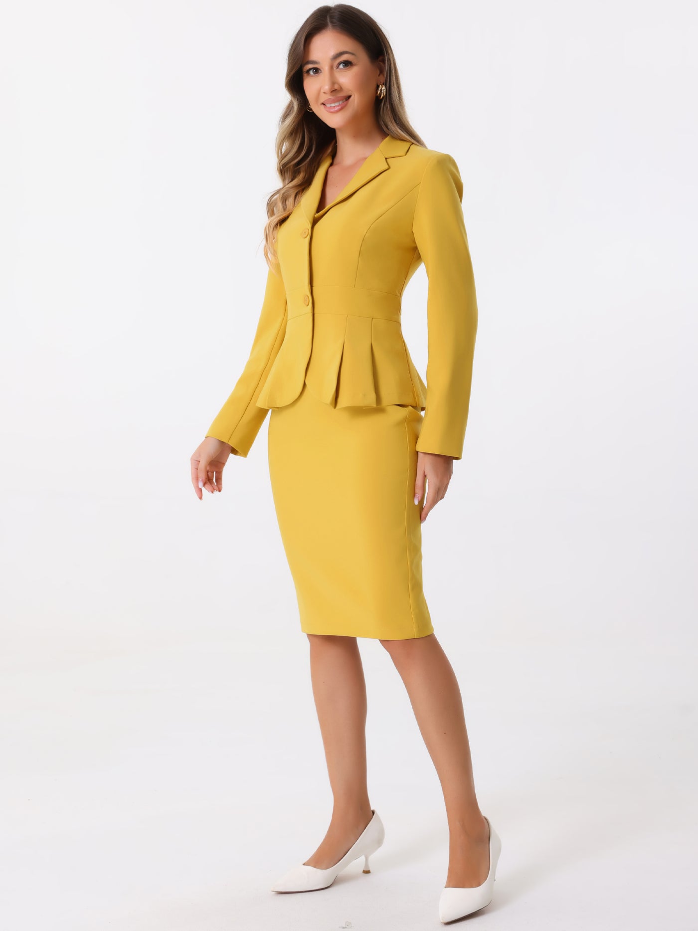 Allegra K Long Sleeve Notched Lapel Peplum Blazer Pencil Skirt 2 Piece Set