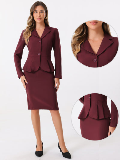 Long Sleeve Notched Lapel Peplum Blazer Pencil Skirt 2 Piece Set