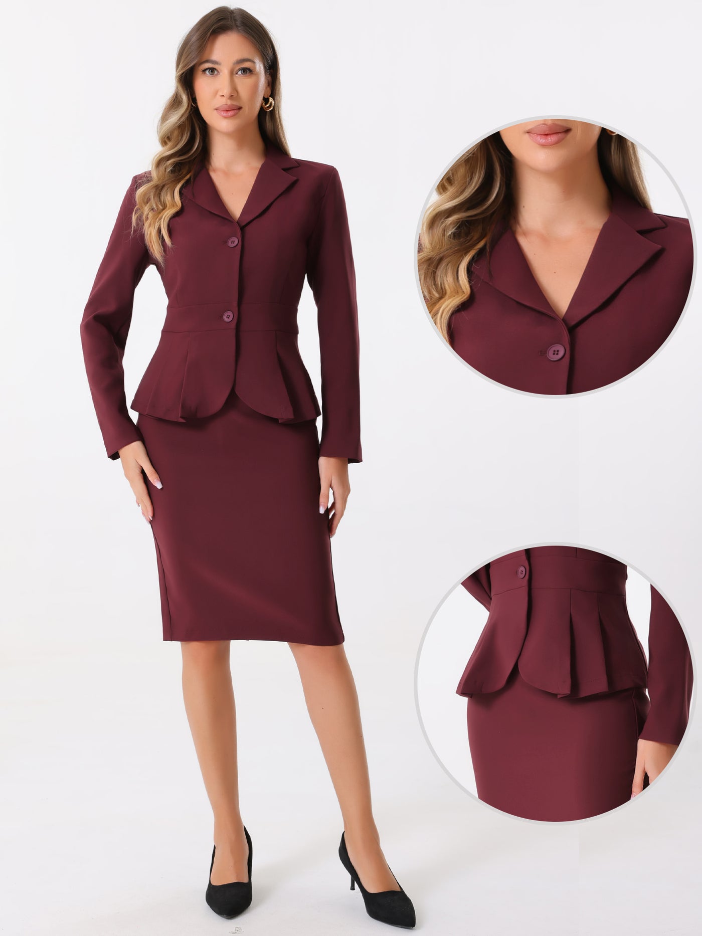 Allegra K Long Sleeve Notched Lapel Peplum Blazer Pencil Skirt 2 Piece Set