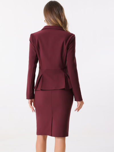 Long Sleeve Notched Lapel Peplum Blazer Pencil Skirt 2 Piece Set