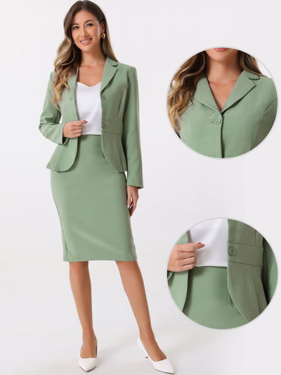 Long Sleeve Notched Lapel Peplum Blazer Pencil Skirt 2 Piece Set