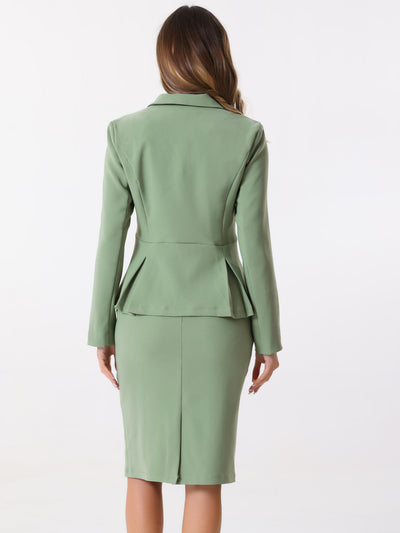 Long Sleeve Notched Lapel Peplum Blazer Pencil Skirt 2 Piece Set