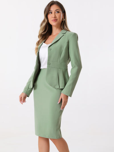 Long Sleeve Notched Lapel Peplum Blazer Pencil Skirt 2 Piece Set