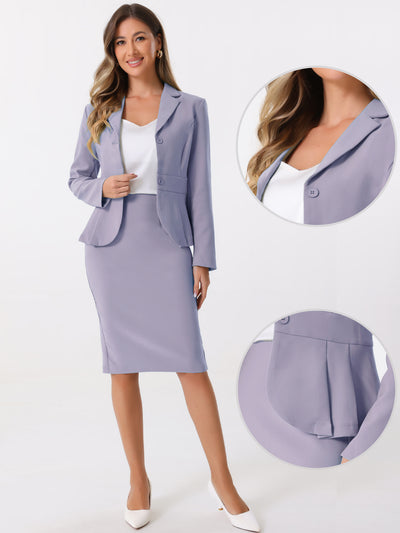 Long Sleeve Notched Lapel Peplum Blazer Pencil Skirt 2 Piece Set