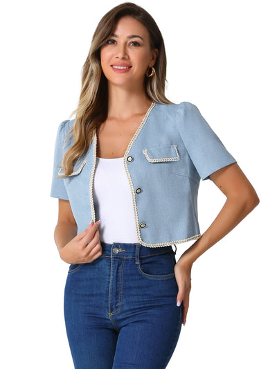 Contrast Trim V Neck Short Sleeve Single Breasted Cropped Blazer Jacket