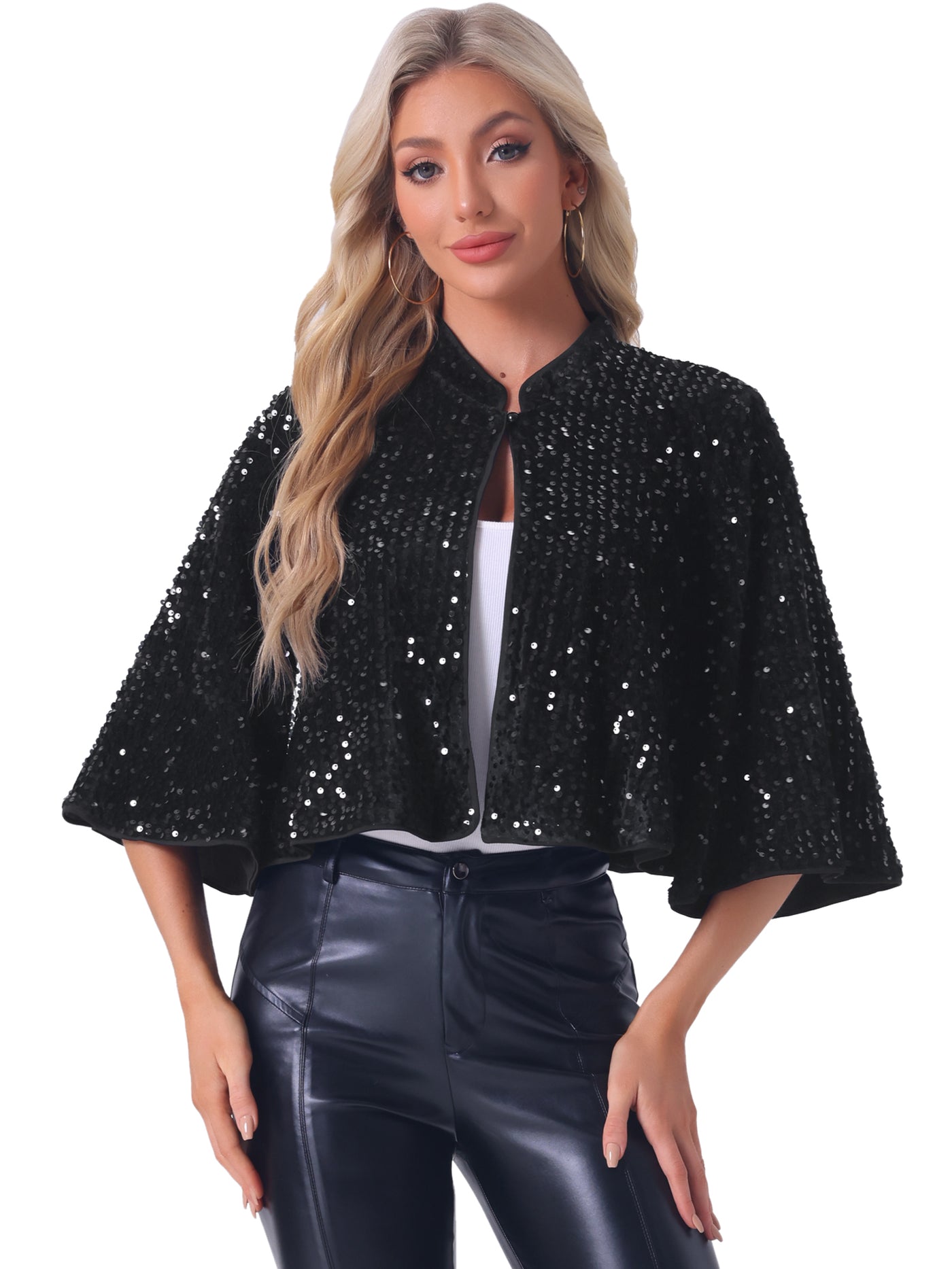 Allegra K Sequin Glitter Velevet Evening Cropped Bolero Jacket