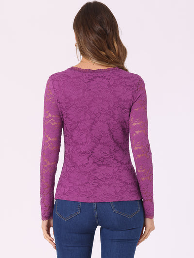 Crew Neck Sheer Long Sleeve Flower Embroidery Lace Blouse