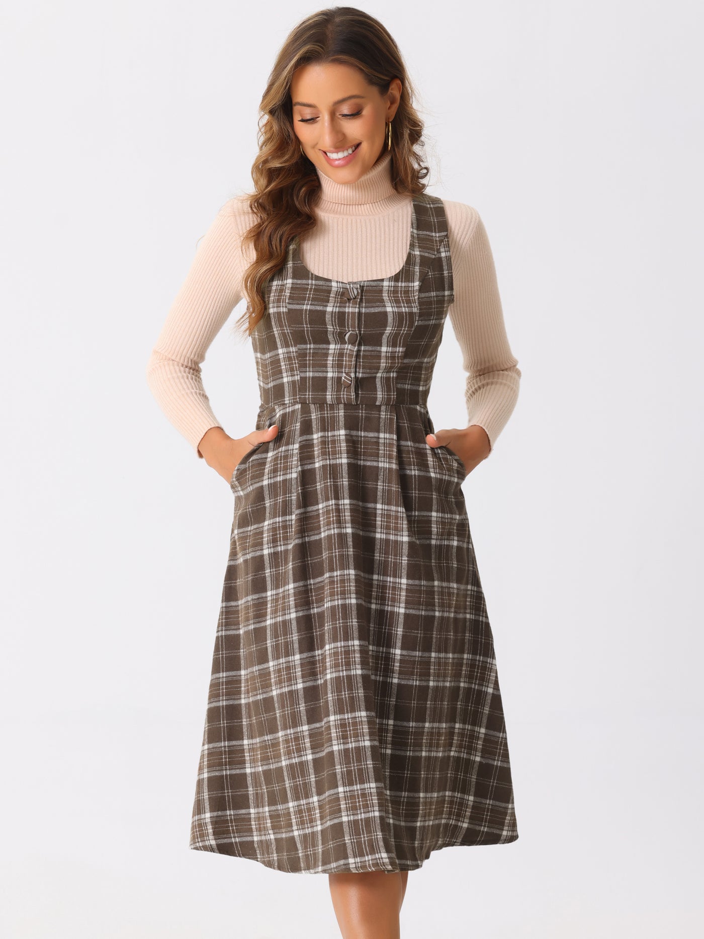 Allegra K Plaid Vintage Sleeveless A-Line Pocketed Midi Pinafore Dress