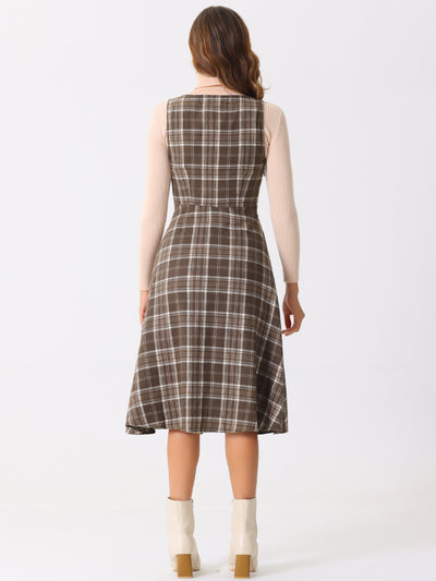 Plaid Vintage Sleeveless A-Line Pocketed Midi Pinafore Dress